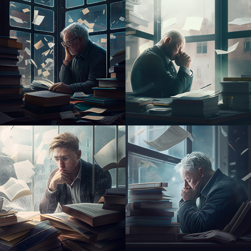 nurlantasma's tweet photo. Man sitting in his workplace, many books and papers, looks like tired, thoughtful, behind big glass window

#midjourneyAi https://t.co/w7Fpb3nVkl