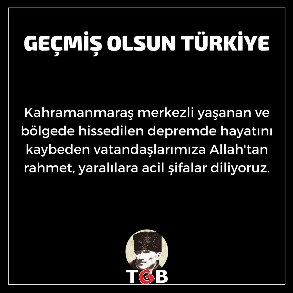 Kahramanmaraş merkezli yaşanan depremde hayatını kaybeden vatandaşlarımıza Allah'tan rahmet, yaralılara acil şifalar diliyoruz.

Arama kurtarma çalışmalarının başarıyla sonuçlanması, can kaybımızın artmaması en büyük dileğimiz.

Milletimizin ve devletimizin emrindeyiz.

#deprem