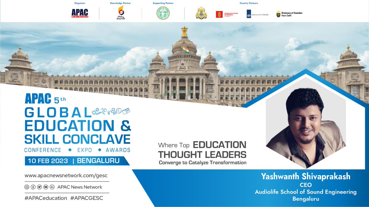 Apacnewsnetwork's tweet image. We are glad to welcome Yashwanth Shivaprakash, CEO, #AudioLife School of Sound Engineering as a 'Speaker' at the APAC '5th Global Education &amp;amp; Skill Conclave' on 10th Feb, 2023, in Bengaluru.

For more info, Visit- apacnewsnetwork.com/gesc/5th-editi…

​#APACEducation #GESC #EDTECH #School