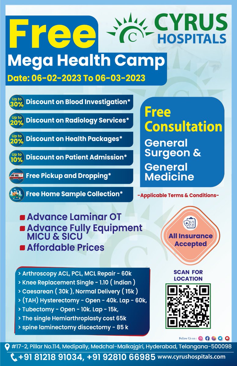CyrusHospital's tweet photo. Cyrus Hospitals 
Mega Health Camp From Date : 06-02-2023 To 06-03-2023
 General Surgeon &amp; General Medicine 
#cyrushospitals #medchal #freehealthcamp #healthcamp #freeconsultation #besthospital https://t.co/X0DSgyncQx