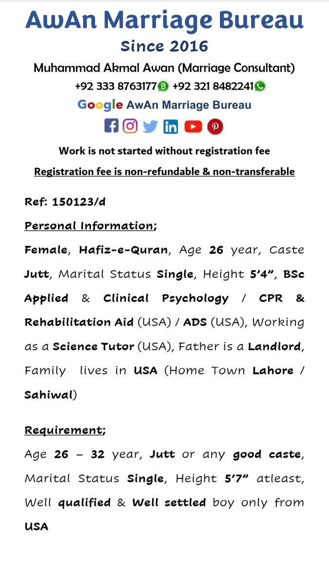 #Female #26Year #Jutt #Sunni #USAsettled 
#Single #5feet4inch
#BSC #AppliedPsychology #NursingAssistant #CPRandRehabilitation #ADS
#ScienceTutor #America
#USA #Lahore #Sahiwal #Pakistan 
#AMB #Registered