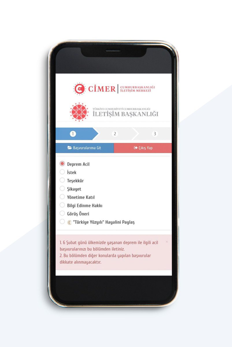 Kahramanmaraş Pazarcık merkezli meydana gelen depremde devletimiz tüm kurumlarıyla koordineli bir şekilde çalışmalarını sürdürmektedir. 

CİMER’de “Deprem acil” başlığını kullanıma hazır hale getirdik. 

Tüm vatandaşlarımıza duyurulur.

➡️cimer.gov.tr