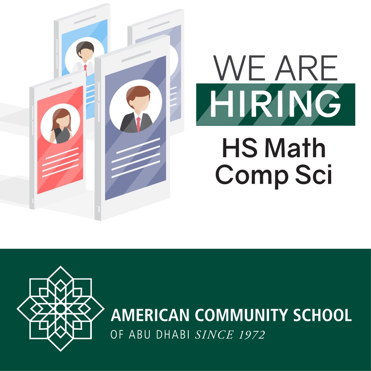 We're looking for a High School Math Comp Sci teacher to join @ACSAbuDhabi in 2023-24. Our philosophy is based on a balanced education and the creation of a learning environment that best serves our students. Learn how to apply: bit.ly/3cbprKA