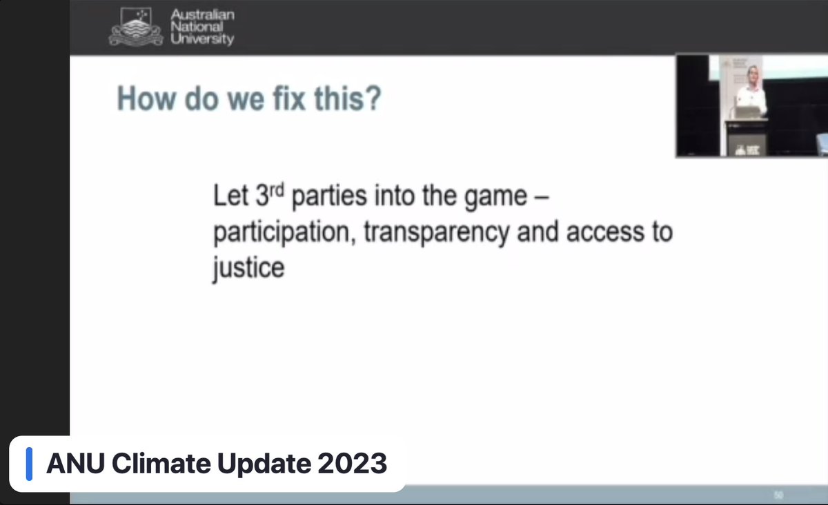 Remedy for #offsets problems (esp. lack of #integrity)? Allow 3rd parties in, says Prof Andrew Macintosn @ANULaw at #ANUClimateUpdate.