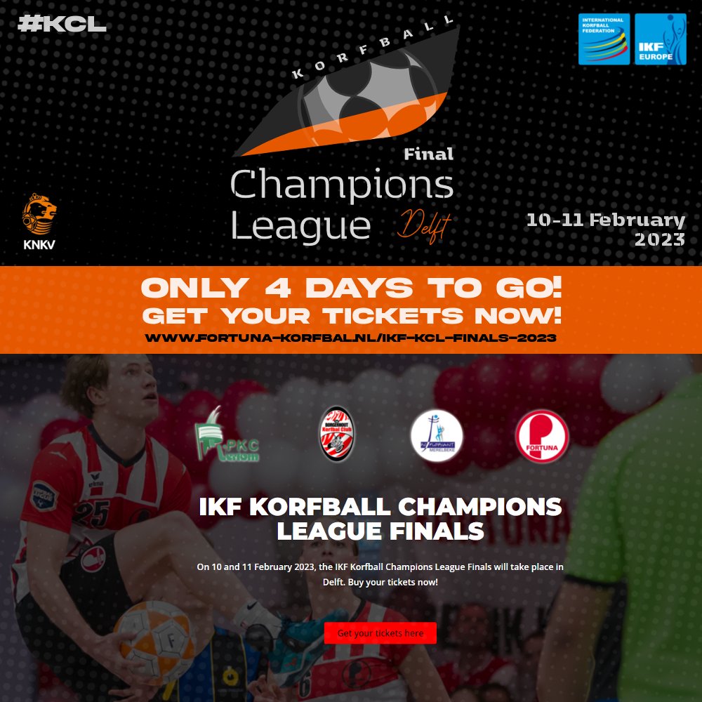 korfball's tweet photo. Only 4 days to go for #TheBigFinal of this 1st IKF Korfball Champions League! ⚡️ Buy your tickets now and enjoy the battle between the 4 best #korfball clubs of Europe! From 10-11 February in Delft, 🇳🇱 NED. #korfbal
🎟️ Tickets: https://t.co/jR3e06A5r0
📰 https://t.co/gm0wSh6QAv https://t.co/kEhjynQo2F