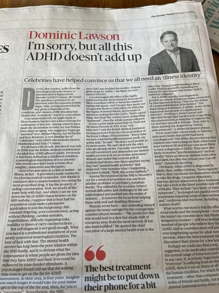 Lawson's <a href="/thetimes/">The Times and The Sunday Times</a> article is a mashup of 80s garbage #ADHD stereotypes, with the oft peddled, sensationalist 'mobile phones are evil' twist, in an attempt to add modern day relevance. Such opinion pieces penned by ill informed self anointed 'experts' damage and trivialise.
