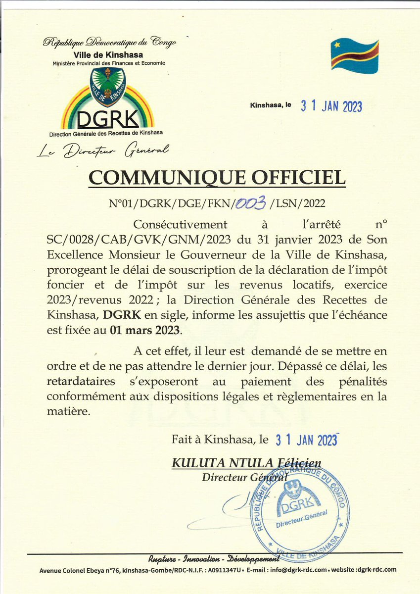 KulutaNtula's tweet photo. Consécutivement aux dispositions prises dans l'arrêté N°SC/0028/CAB/GVK/GNM/2023 du 31/01/23 de S.E Mr le Gouv de la ville @NgobilaM, j'ai signé un communiqué prorogeant la grande échéance au 01/03/2023. Les assujettis sont appelés à se mettre en ordre https://t.co/AHFIr4wmNJ