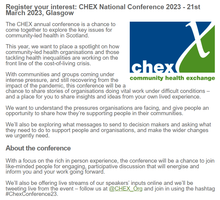 CHEX_Org's tweet photo. The CHEX national conference 2023 will be on 21st March in Glasgow (with some live streaming and live-tweeting too) and spaces are filling up fast!

Make sure to register your interest soon and follow #ChexConference23 for updates 😀👇

https://t.co/iRh05CMqeV https://t.co/Wxnb5FOQGA