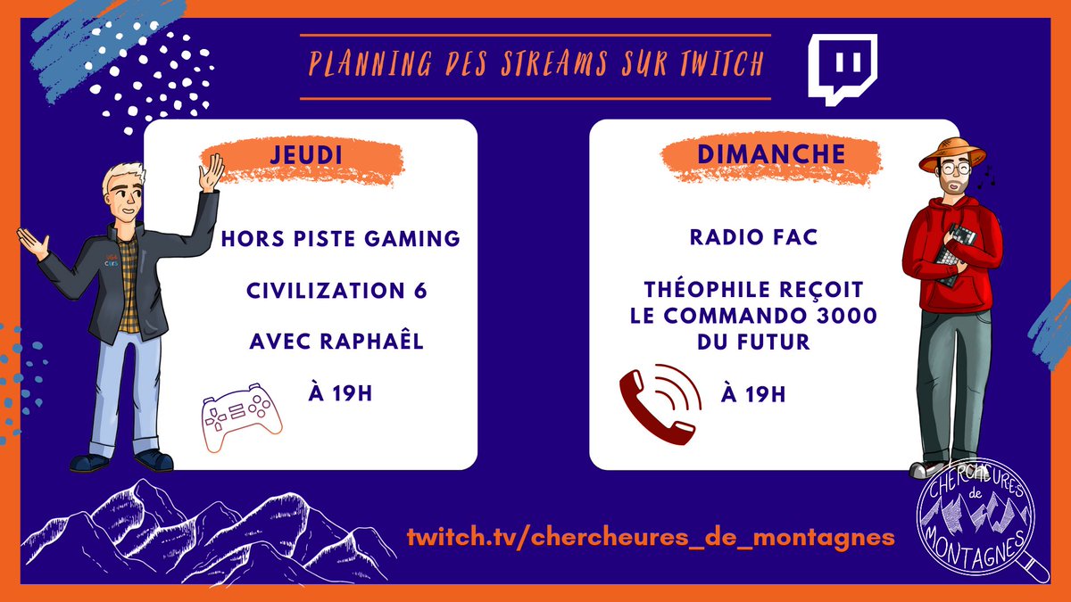 🚨 Le planning de #stream de la semaine !📆

🔵Lundi 19h : #VieDeChercheurEs avec 
<a href="/RaphaelLachello/">Raphaël Lachello</a> et <a href="/dio2_cst/">Association DIO2</a> 🏆

🟢Mercredi 19h : #HorsPiste sur #LOL 🎮

🟠 Jeudi 19h : #HorsPiste sur #civilization6 🎮

🟣 Dimanche 19h : #RadioFace ☎️

👉🏻 twitch.tv/chercheures_de…