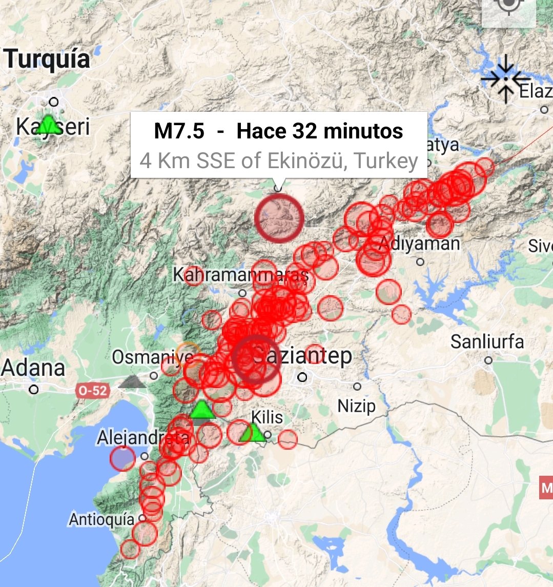 Nuevo sismo de magnitud 7.5 ocurrido hace pocos minutos en la zona cercana al epicentro del gran  evento sísmico ocurrido hace 9 horas en el área sureste de Turquía, lo que agrava la situación y aumenta la cantidad de estructuras colapsadas y los daños humanos y materiales.