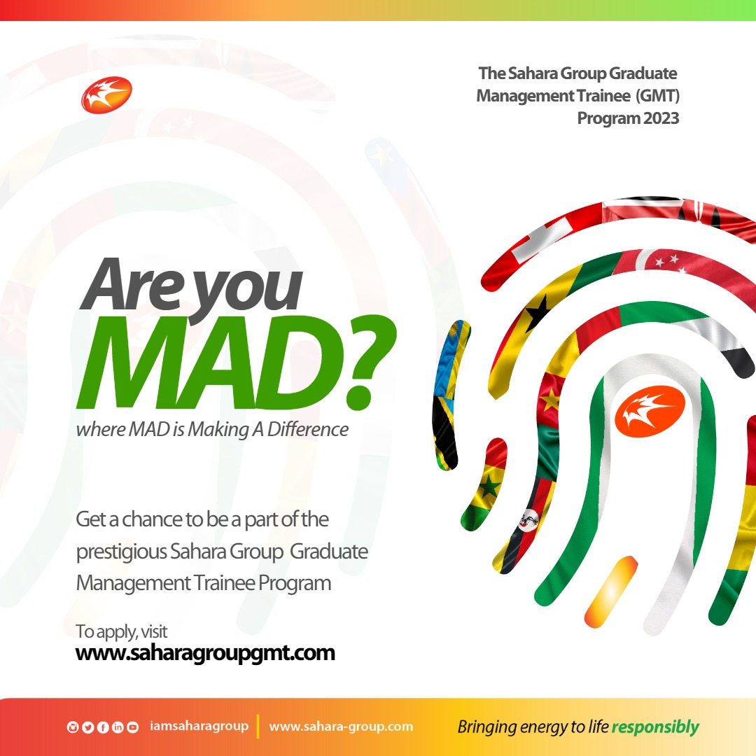 DragnetNigeria's tweet photo. Are you MAD(Making A Difference)?

Seize the opportunity!

Get a chance to be part of the prestigious Sahara Group Graduate Management Trainee Program!

To apply, visit: 
https://t.co/uJRUPkACNu

Application closes on the 15th of February, 2023.
#saharagroupgmt #dragnetjobs https://t.co/Sk43SDALWZ