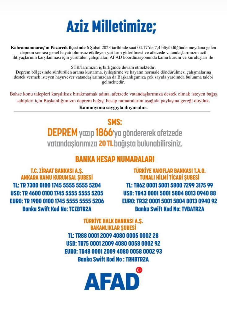 tribetrurkey's tweet photo. ‼️ Acil Yardım Numaraları ve Destek İban/Paypal hesapları‼️

massive 7.8 magnitude earthquake just striked south turkey, 4th level alert state is declared.

PAYPAL  @RaksMayaUygun / m.uygun22@ejm.org
https://t.co/UmBcy2cx4Y

#earthquake #Turkey #deprem #iban https://t.co/o8YRheidMN