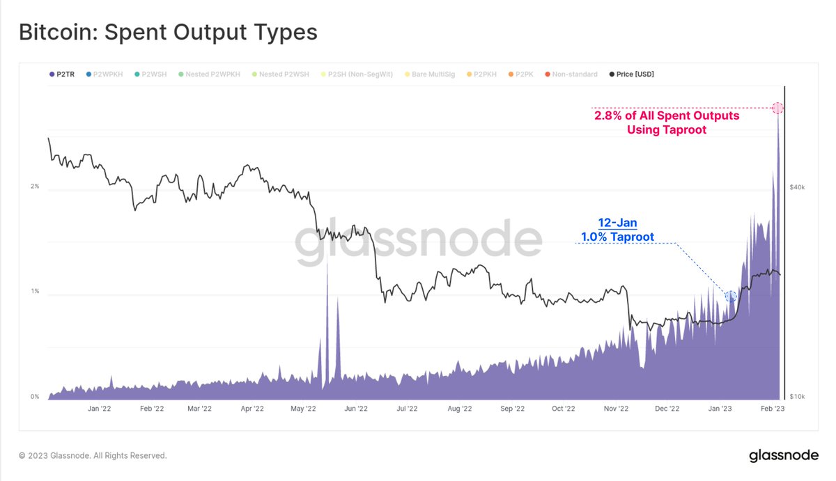 With the latest interest in Inscriptions and Ordinals on #Bitcoin, the  proportion of spent outputs associated with Taproot has risen dramatically.  Over 2.8% of all spent outputs utilized Taproot script this week,