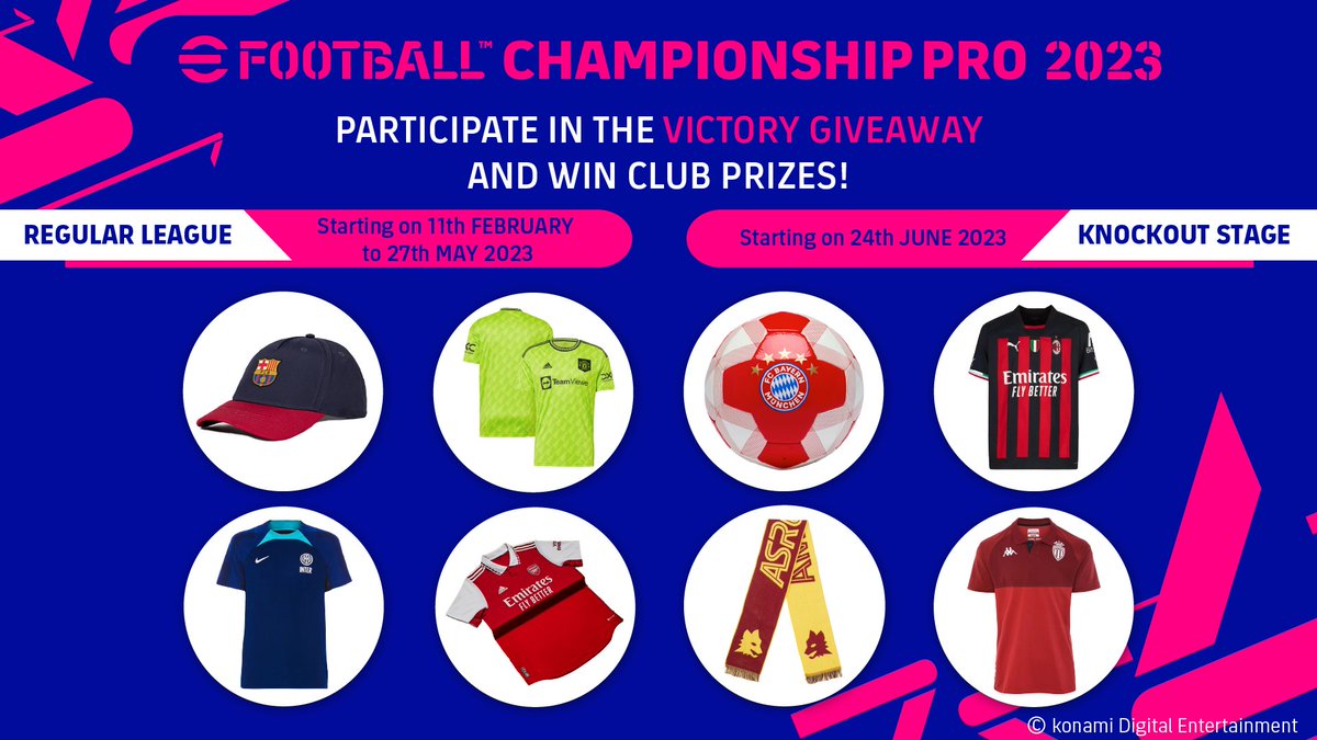 If you're a fan of eFootball™, then you're in luck! 

For every win in the #eFootballChampionshipPro, competing clubs will give away merchandise! 
You can also earn 1000 #eFootball points just for entering the matchday streams 😍

More info ➡️ bit.ly/2023-pro-campa…