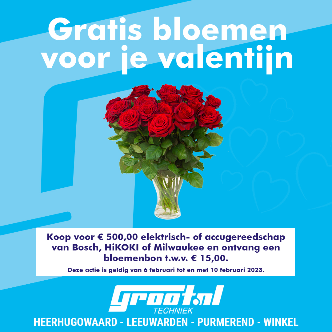 Groottechniek's tweet photo. Gratis bloemen voor je valentijn.

Koop deze week voor € 500,00 gereedschap van Bosch, HiKOKI of Milwaukee en ontvang een bloemenbon t.w.v. € 15,00.

Bestel online op https://t.co/k17xd8wJee of vraag ernaar in 1 van onze filialen: Heerhugowaard, Leeuwarden, Purmerend en Winkel. https://t.co/VfwSoq61n1