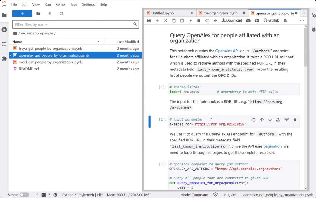 pcastromartin's tweet photo. @hauschke live-demoes @project_tapir python scripts to 'pull' various #PID entities from other ones -- on the screenshot @OpenAlex is queried to retrieve #ORCIDs associated w/ a given #ROR
All scripts available on project's #github repo
#PIDGraph @VIVOcollab #DataIngest https://t.co/KQCWhjACFS