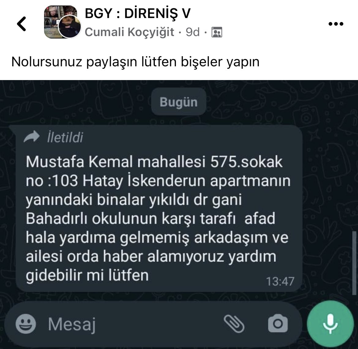 Bir takipçimiz:
Mustafa kemal mahallesi 575. Sokak no:103 Hatay İskenderun apartmanın yanındaki binalar yıkıldı.

#deprem 🚨🚨🚨