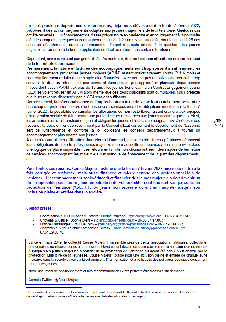 🎂La loi du 07 février 2022 fête ses 1 an, pourtant l’accompagnement des jeunes majeur·e·s reste déficient
📣<a href="/CauseMajeur/">Collectif Cause Majeur !</a> estime que cette loi nécessite d’être corrigée et renforcée, mais aussi financée et mieux connue des professionnel·le·s de l’enfance!
[Communiqué de presse👇]