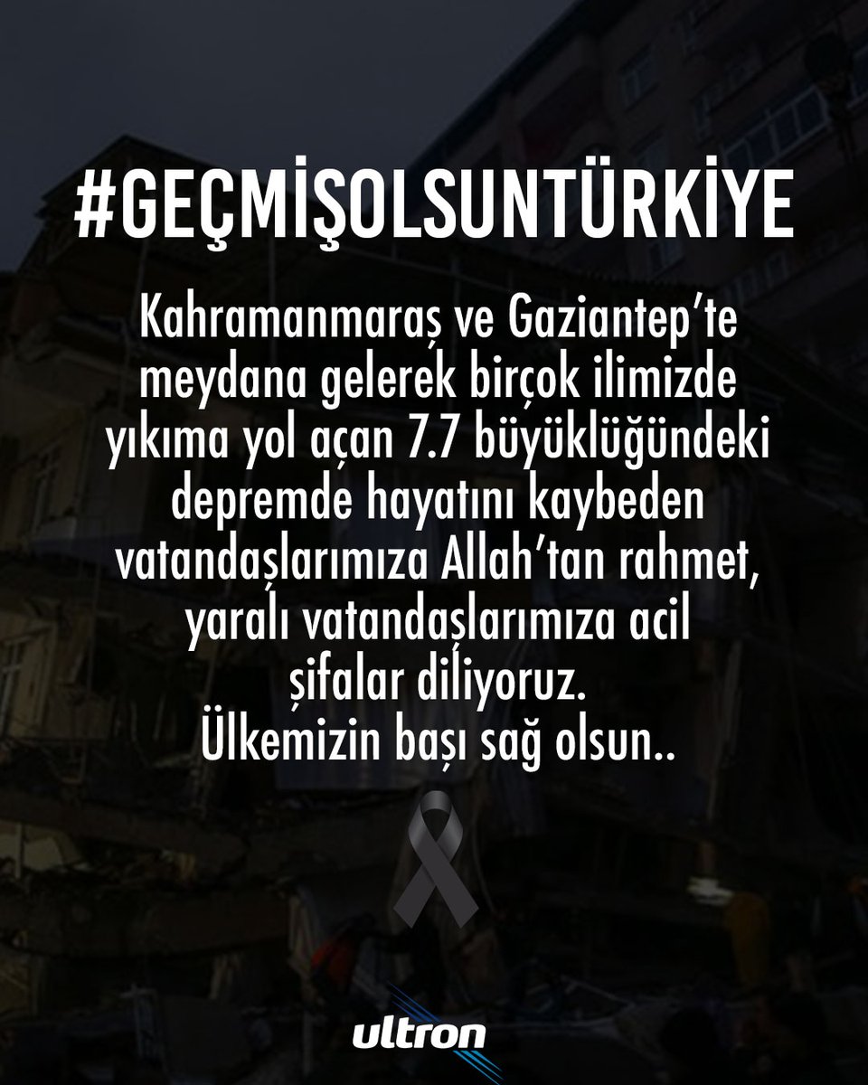 Kahramanmaraş ve Gaziantep’te meydana gelerek birçok ilimizde yıkıma yol açan 7.7 büyüklüğündeki depremde hayatını kaybeden vatandaşlarımıza Allah’tan rahmet, yaralı vatandaşlarımıza acil şifalar diliyoruz.

Ülkemizin başı sağ olsun..