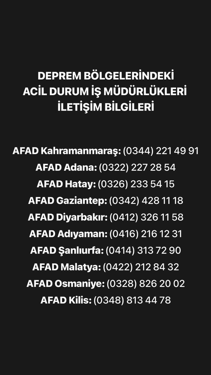 Deprem bölgelerindeki acil durum iletişim bilgileri:
