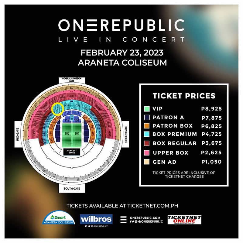 chuasam32's tweet photo. WTS LFB PH
One Republic Live In Concert 2023
 ⁃ Feb 23, 2023 Thurs 8PM
 ⁃ 2 Box Premium- Sec 221, ROW 1!! Best seats
 ⁃ 4,725 + 120 = Php 4,845 each (Php 9,690 for 2)
 ⁃ RFS: Can’t make it
 ⁃ Payment on meet up, will give printed online tickets
 ⁃ Can nego, PM for details https://t.co/avF0xJ1UTc