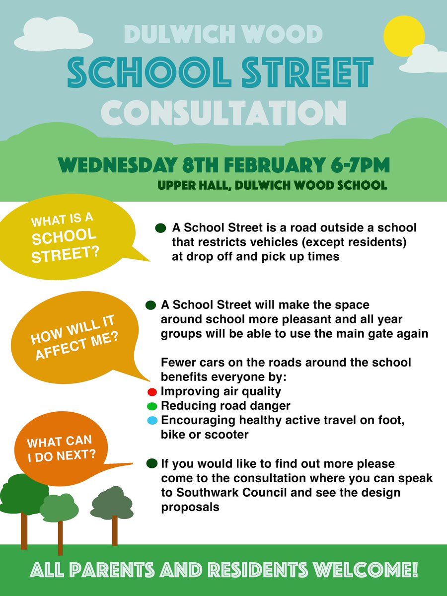 DWSchoolStreet's tweet photo. 🫵Do you live, work or go to school in the Dulwich Wood area?

⏰ WEDS 8th FEB 6-7pm 
Southwark Council are holding a #SchoolStreet Consultation at Dulwich Wood Primary.
👀 Come along to learn more and see the design proposals. 

@RoseCllr @AndySimmons10 @lb_southwark #Dulwich https://t.co/dDOpOlQbyH