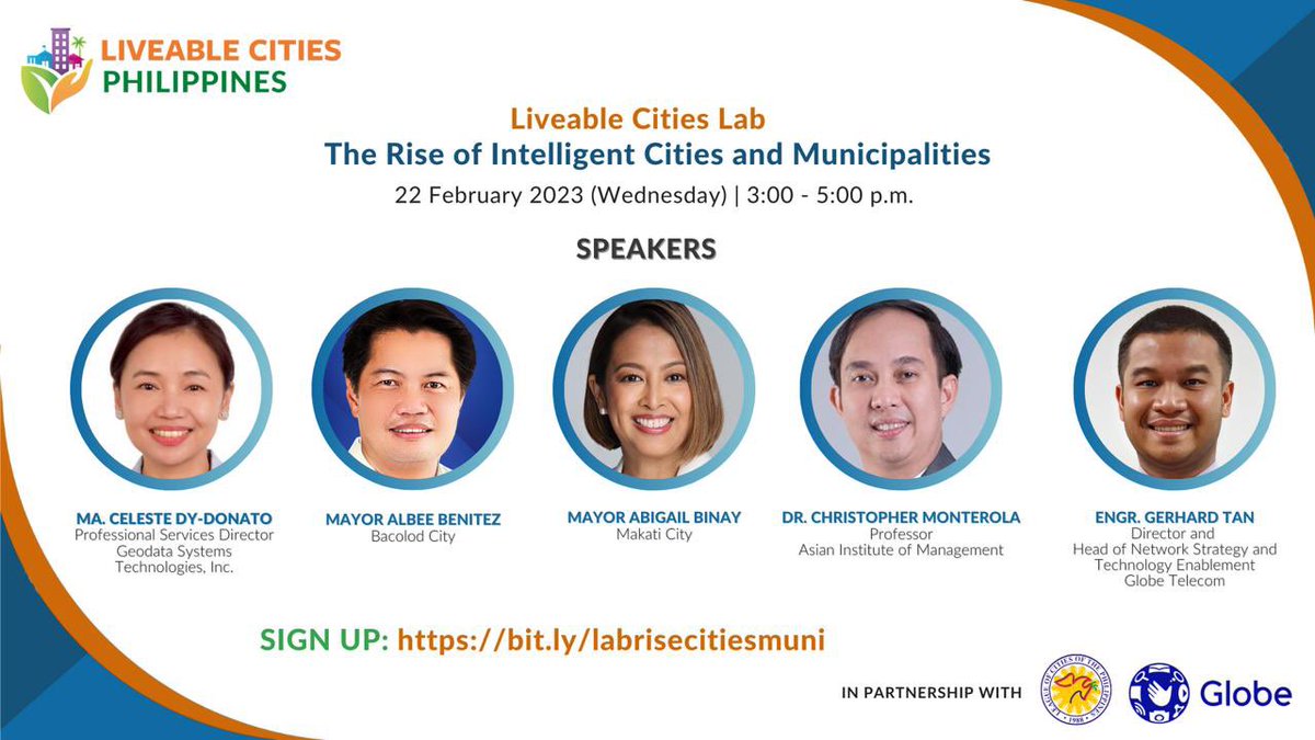Sign up now at bit.ly/labrisecitiesm….

Catch our panel of speakers and experts talk on The Rise of Intelligent Cities and Municipalities.

This Liveable Cities Lab is made in partnership with League of Cities of the Philippines and Globe Telecom.
