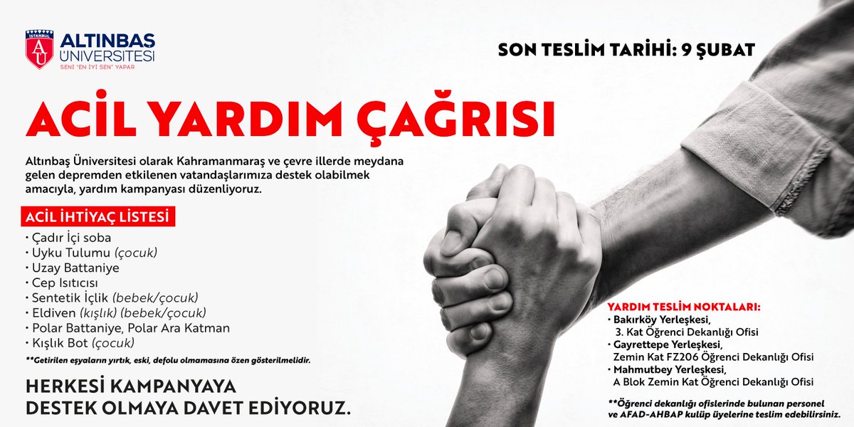 AltinbasUniv's tweet photo. Şimdi birlik olma vakti. 
Acil yardım çağrımıza destek olmak isteyen herkesi bekliyoruz. https://t.co/ErHz20dmAu