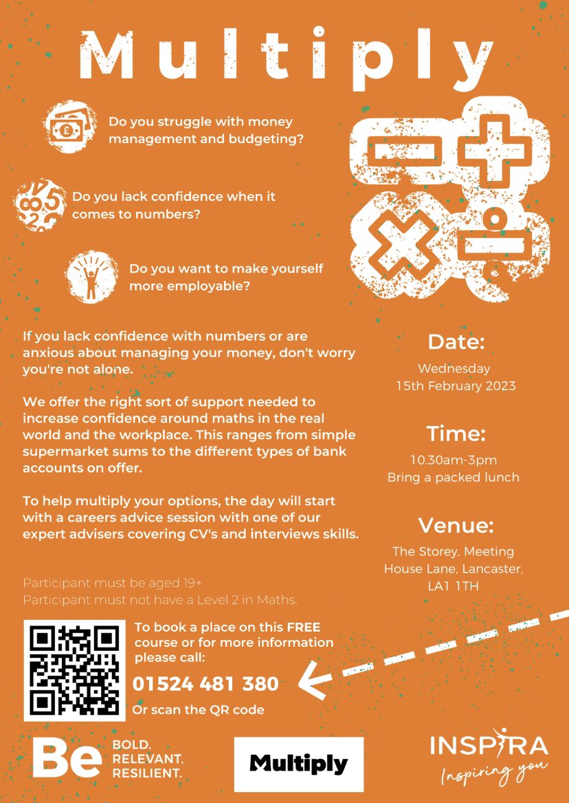 FREE employability skills and numeracy workshop! Call to book your space or message me here! 19+ without a L2 Maths Qual.
#yesyoucan #maths #multiply #upskill #beyourbest #employability #lancaster <a href="/LancashireCC/">Lancashire County Council</a> <a href="/LancasterCC/">Lancaster City Council</a> <a href="/inspiraforlife/">Inspira</a>