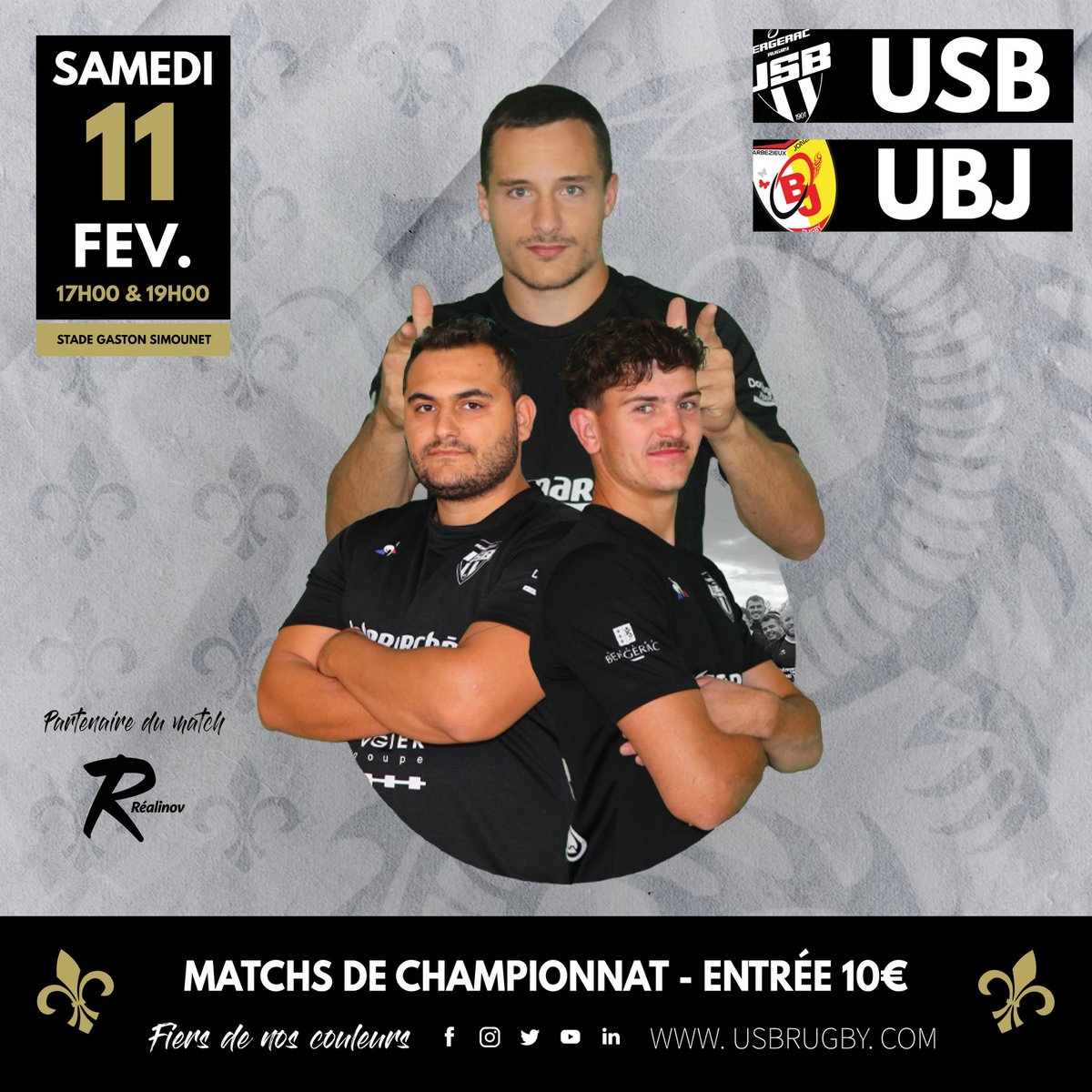 𝙐𝙎𝘽 / 𝙐𝘽𝙅 🔥 

Ce samedi 11 février nous recevons les équipes de l’Union Barbezieux-Jonzac ! 💪

⏱ 17h00 - USB Espoir 🆚 UBJ Espoir

⏱ 19h00 - USB 🆚 UBJ

🏟 Stade Gaston Simounet 

🎥 En direct sur YouTube

On compte sur vous pour venir encourager nos équipes au stade !