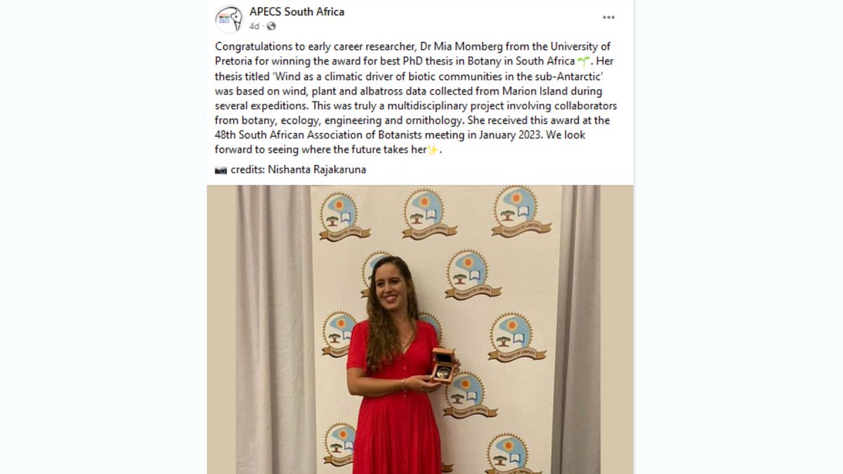 Antarcticlegacy's tweet photo. News
Marion Island Research 

Dr Mia Momberg awarded best PhD thesis in #Botany (South Africa) entitled "Wind as a climatic driver of biotic communities in the sub-Antarctic". 

Congratulations Mia 👏 great achievement! 

#MarionIsland #SANAPresearch

🔗https://t.co/kq7TYxb2AO https://t.co/pslyo6SCSV