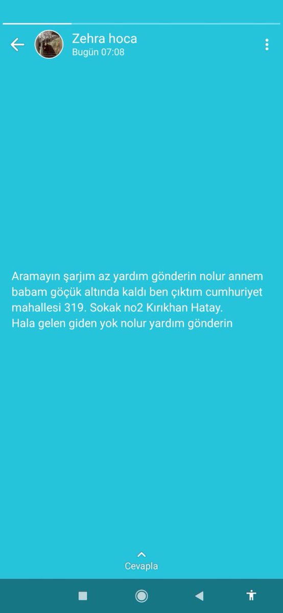yayılmasına yardımcı olun lütfen 

cumhuriyet mahallesi 319.sokak no2 Kırıkhan Hatay. Hala gelen giden yok nolur yardım gönderin

#deprem 
#Hatay #SONDAKIKA