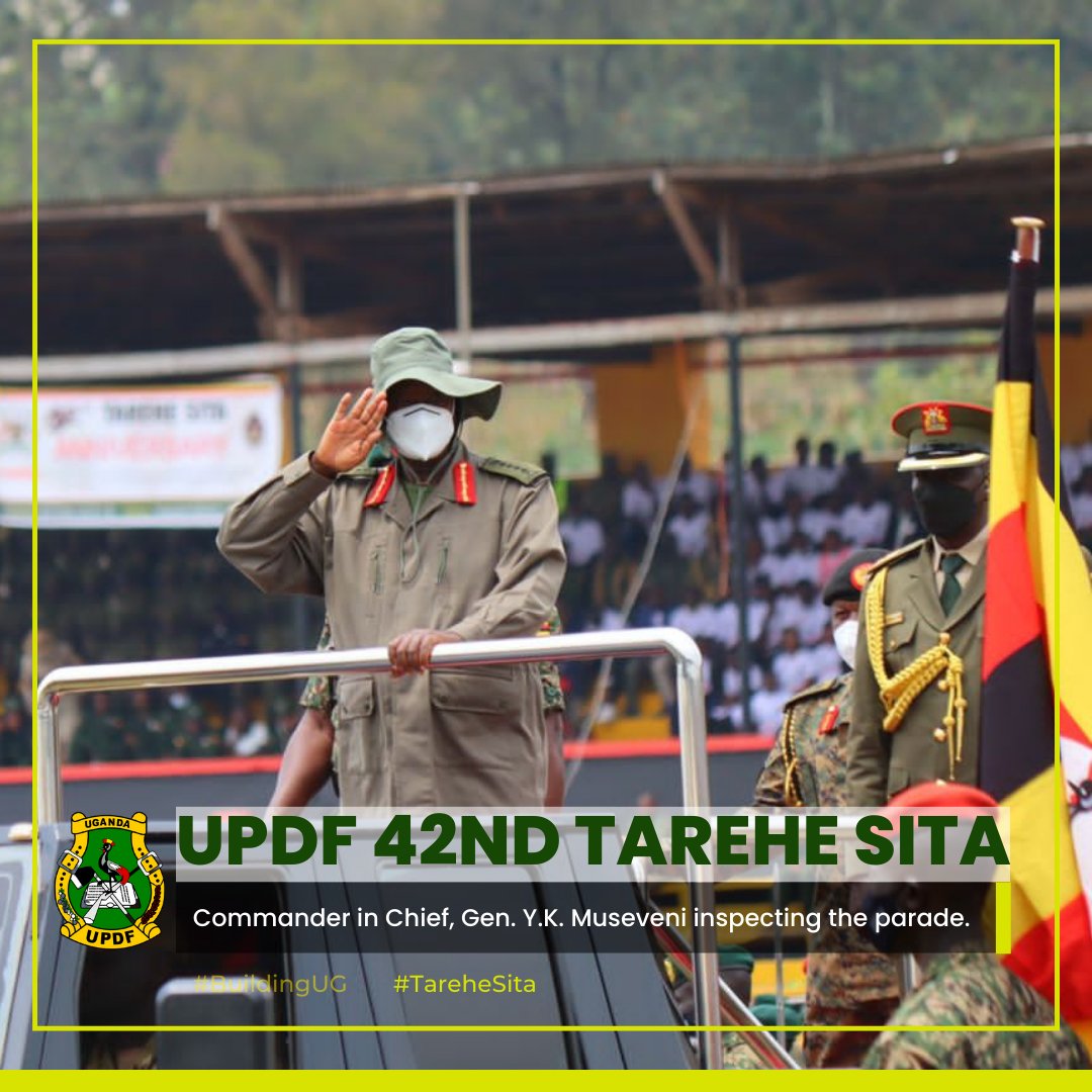 ATwayita's tweet photo. How President Museveni arrived at the UPDF 42nd Tarehe Sita and inspected the Guard of Honour. #UPDFat42 #TareheSitaUg https://t.co/r9lbIXw6K3