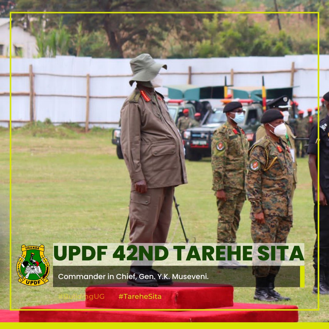 ATwayita's tweet photo. How President Museveni arrived at the UPDF 42nd Tarehe Sita and inspected the Guard of Honour. #UPDFat42 #TareheSitaUg https://t.co/r9lbIXw6K3