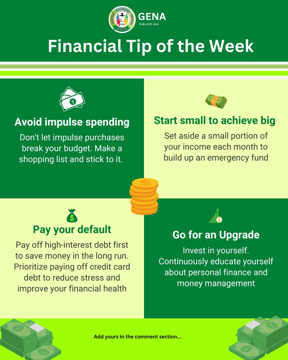 GenaAfrica's tweet image. Financial literacy is the key to a bright financial future! Follow us for daily #FinancialTipOfTheDay &amp;amp; take control of your money. From saving &amp;amp; budgeting to debt management &amp;amp; investing, we've got you covered! #FinancialLiteracy #FinancialGoals #GENAAfrica #helpwithease 💰💼