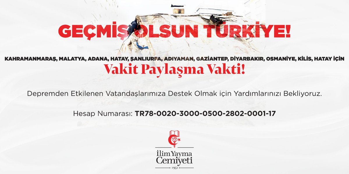 Geçmiş Olsun Türkiye!
#Kahramanmaraş, #Malatya, #Adana, #Hatay, #Şanlıurfa, #Adıyaman, #Gaziantep, #Diyarbakır, #Osmaniye, #Kilis, #Hatay
için
Vakit Paylaşma Vakti!
#Depremden Etkilenen Vatandaşlarımıza Destek Olmak için Yardımlarınızı Bekliyoruz.
TR78-0020-3000-0500-2802-0001-17