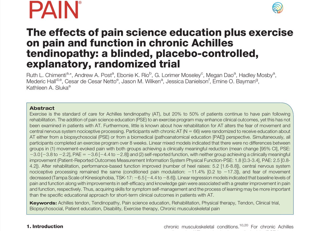 Retlouping's tweet photo. The effects of pain science education plus exercise on pain and function in chronic Achilles tendinopathy: a blinded, placebo-controlled, explanatory, randomized trial

https://t.co/sAdt7nKt0D

“Adding PSE to exercise for AT did not enhance improvements in pain and function” https://t.co/iKOdYKXaa3