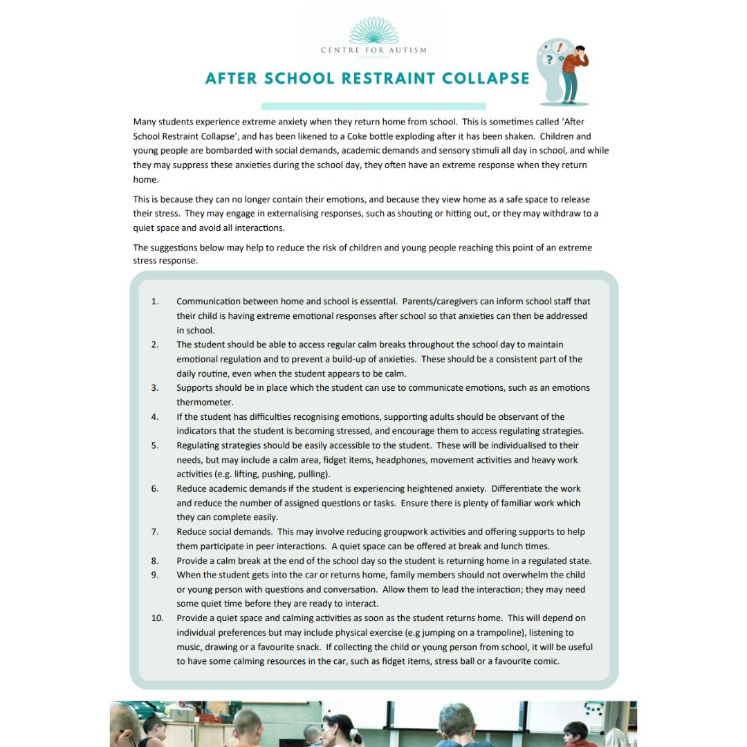 This resource provides ideas for supporting young people in maintaining a more regulated state throughout the day, to prevent an extreme stress response when they return home. 

Resource:
middletownautism.com/files/shares/R… 

#understandingautism #learngrowdevelop