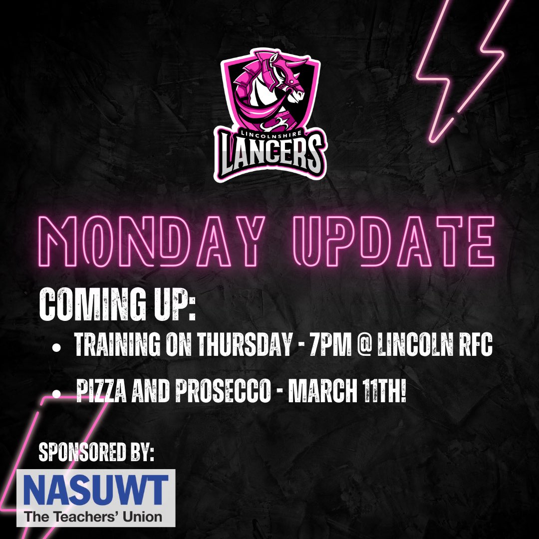 🏉🏳️‍🌈🏳️‍⚧️It’s Monday Update time!🏳️‍⚧️🏳️‍🌈🏉

⭐️Training on Thursday 7pm start @ Lincoln Rugby Club! LN2 2RS

⭐️Coming up next month is our Pizza and Prosecco Taster Day! 🍕🍾🎉 For more info follow link to the event:  fb.me/e/2gESgJhoF

#gayrugby #inclusiverugby #rugbyforall