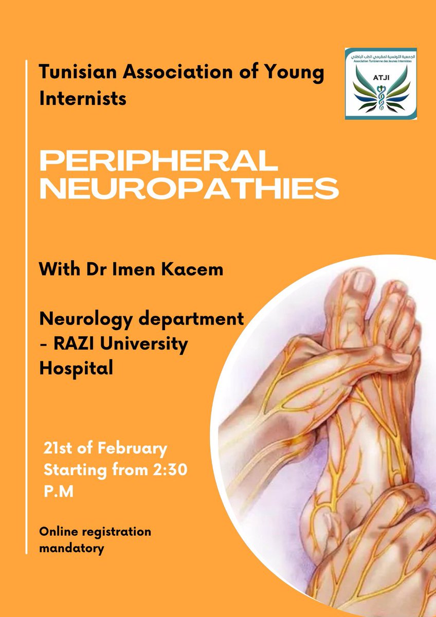 🚨Don't miss the chance to improve your understanding of #PeripheralNeuropathy during our next Worshop! Join us on Feb 21st for a lecture presented by Dr. KACEM
Register now ⬇️⬇️

docs.google.com/forms/d/e/1FAI…