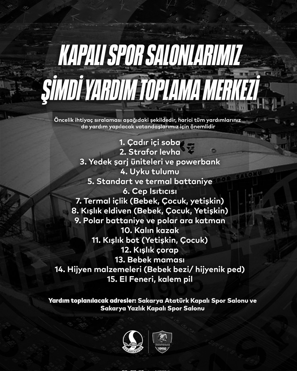 Sakaryaspor Kulübü ve Tatangalar olarak, depremden etkilenen tüm vatandaşlarımızın yanındayız.

Yardım kampanyamızın tüm detayları görselde belirtilmiştir. Tekrardan ülkemize ve vatandaşlarımıza geçmiş olsun dileklerimizi iletiyoruz.