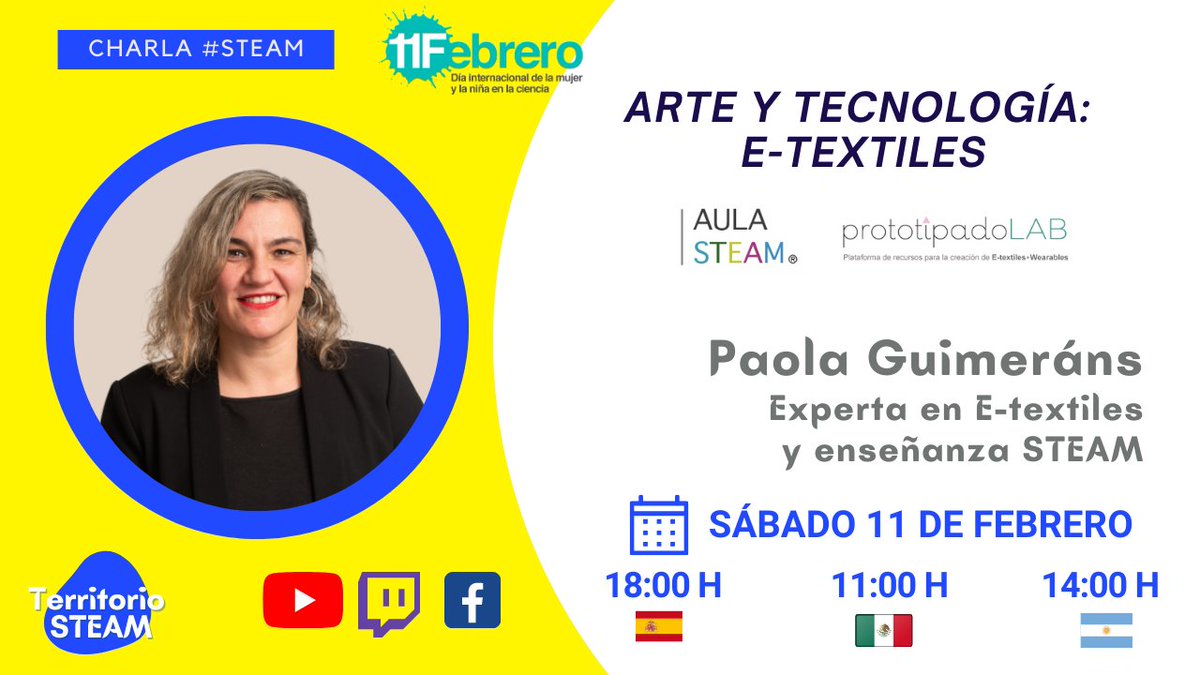 🔊 El 11 de febrero tendremos como invitada a Paola Guimeráns <a href="/paolaguimerans/">Paola Guimeráns PhD</a>
Fundadora de Aula STEAM y PrototipadoLAB.

Charla online: bit.ly/3juTbcK

Colabora: <a href="/Technolatinas/">TechnoLatinas ✨</a>
Moderan: <a href="/rosana_rivera/">Rosana Rivera</a>  y <a href="/RemediosFdez/">Remedios Fernández</a>

#etextiles #educaciónsteam  #territoriosteam
