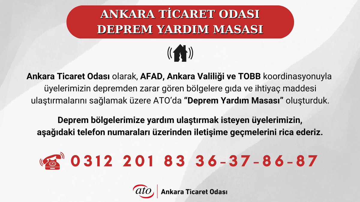 🚨 #ATO olarak <a href="/AFADBaskanlik/">AFAD</a>, <a href="/AnkaraValiligi/">T.C. Ankara Valiliği</a> ve <a href="/TOBBiletisim/">TOBB</a> koordinasyonuyla üyelerimizin depremden zarar gören bölgelere gıda ve ihtiyaç maddesi ulaştırmalarını sağlamak üzere ATO’da #DepremYardımMasası oluşturduk.

ATO #Deprem Yardım Masası☎️0312 201 83 36 - 37 - 86 - 87