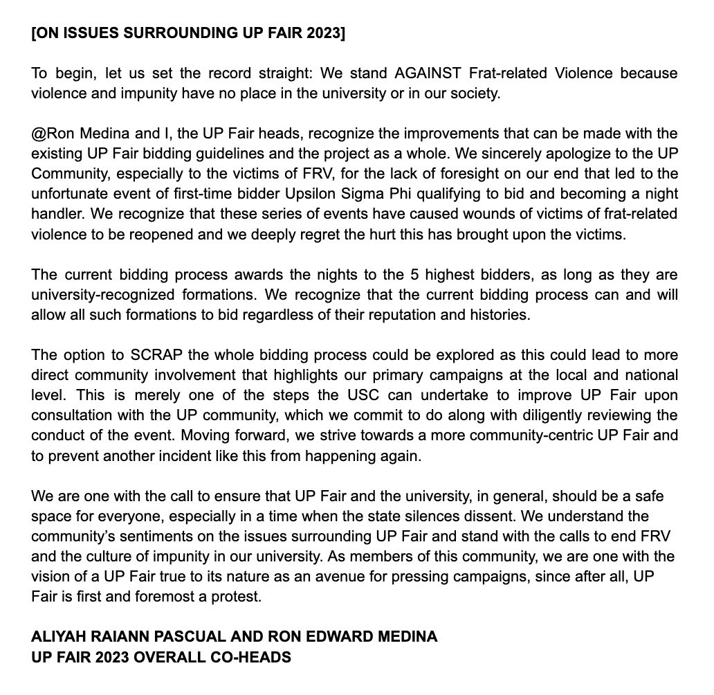 On issues surrounding UP Fair 2023

– UP Fair 2023 Core Heads 
<a href="/_ronmedina/">ron 🇵🇸</a>