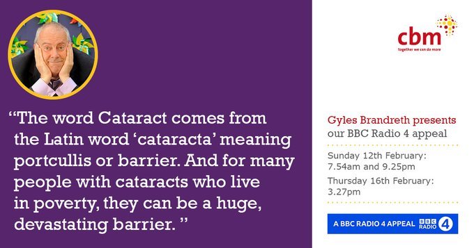 CBMuk's tweet image. “The word Cataract comes from the Latin word ‘cataracta’ meaning portcullis or barrier. And for many people with cataracts who live in poverty, they can be a huge, devastating barrier.” Listen out for 
@GylesB1 presenting our appeal on @BBCRadio4
this Sunday! #R4Appeal