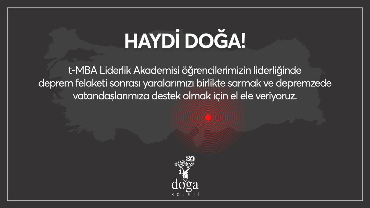 HAYDİ DOĞA!
Doğa Koleji ailesi olarak deprem felaketi sonrası yaralarımızı birlikte saralım, depremzede vatandaşlarımıza destek olalım. Link bio'da