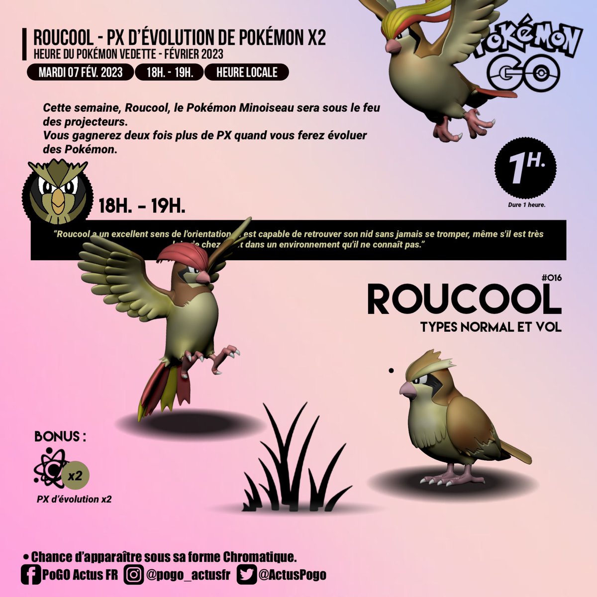 ActusPogo's tweet photo. Cette semaine, #Roucool, le Pokémon Minoiseau sera sous le feu des projecteurs. 🌪️
Vous gagnerez deux fois plus de PX quand vous ferez évoluer des Pokémon.
📆 Mardi 07 février 2023 (18H. - 19H.)
#PokemonGO #SpotlightHour #Pidgey #ShinyPokemon https://t.co/EIZCJ7bBUt