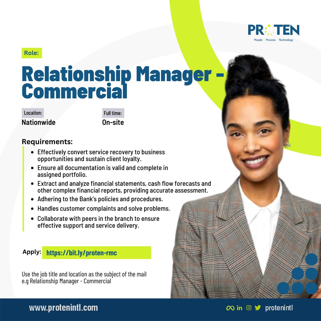 #JobAlert: Our client is recruiting for the role of #RelationshipManager - Commercial

Location: Nationwide

1. Send application to: bit.ly/proten-rmc
2. Join our database for email job alerts like this: bit.ly/ProtenJobDB

 #HireWithProten #jobs #vacancy #career #HR