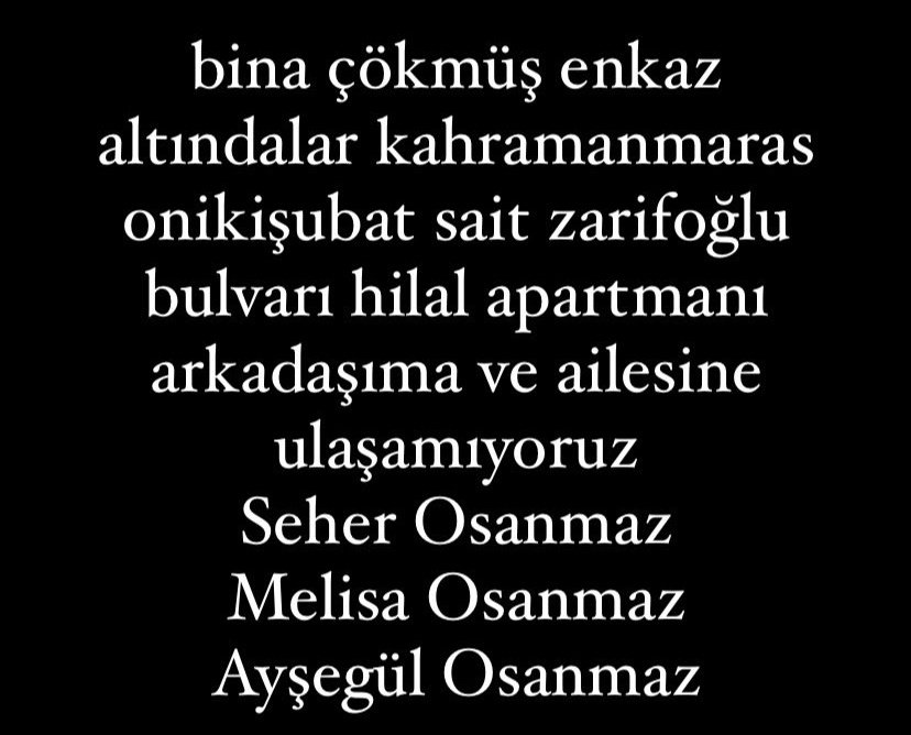 <a href="/haluklevent/">Haluk Levent ( Ahbap Ekibi )</a> teyzem ve kuzenlerim enkaz altında lütfen yardım edin