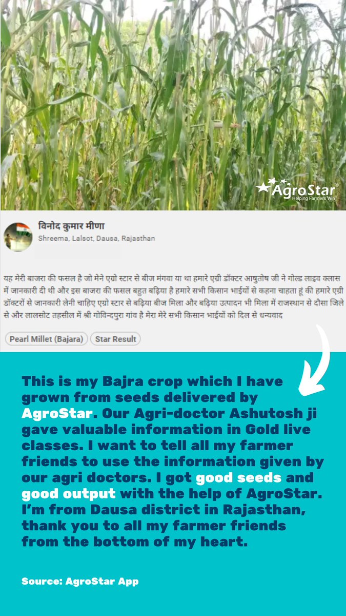 agrostar_in's tweet photo. 🙌 Proud to see the positive impact of #AgroStar on the lives of #milletfarmers of #Rajasthan.

💪 Millets provide numerous benefits such as improved #foodsecurity, #nutrition, &amp; a more #sustainable agriculture system.

@FAO #IYM2023 #InternationalYearOfMillets #MondayMotivation https://t.co/EolHZEdDI5